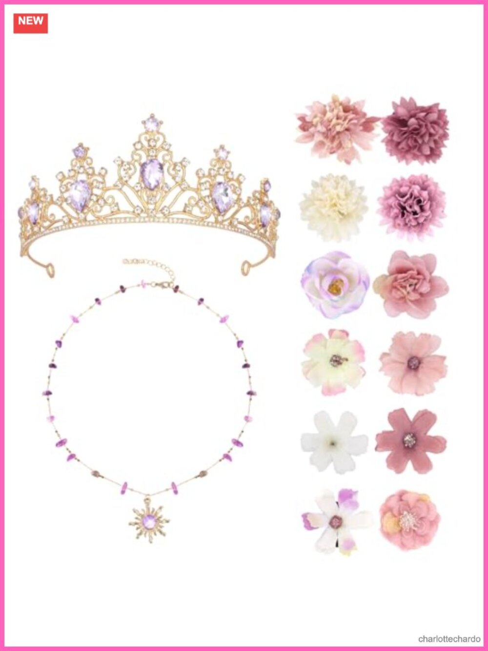 Crystal Tiara Sun Pendant Necklace & Flower Hair Clips Set Cosplay